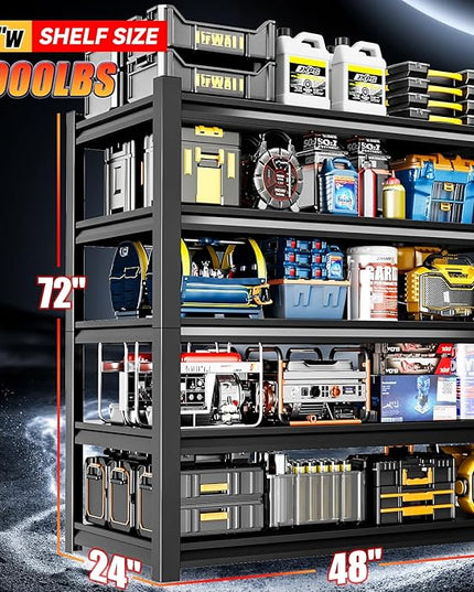 72" H Garage Shelving,5-Tier Heavy Duty Shelving Unit,3000LBS Adjustable Metal Storage Shelves,Storage Rack Units for Industrie,Shed,Warehouse,Basement,Black,48" W x 24" D x 72" H