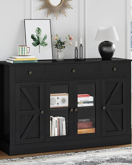 4 EVER WINNER 55" Coffee Bar with 4 Glass Doors and 3 Drawers, Sideboard Buffet Cabinet with Storage, Farmhouse Coffee Bar Cabinet with Adjustable Shelves for Kitchen, Dining Room, Black