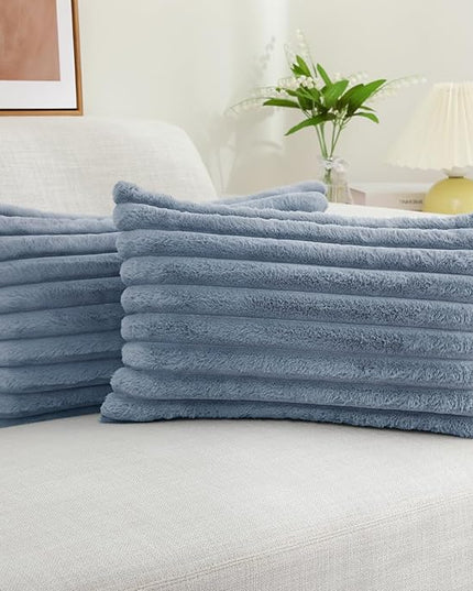 decorUhome Faux Fur Spring Throw Pillow Covers 12x20 Set of 2, Decorative Soft Plush Striped Neutral Couch Euro Pillow Covers with Velvet Back for Sofa, Bed, Living Room Home Decor, Grey Blue