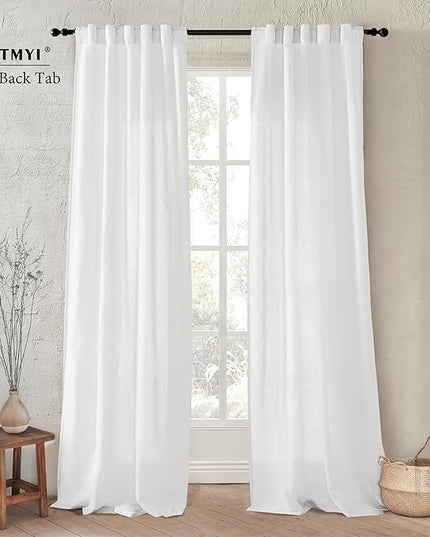 XTMYI 86 Inches Long Back Tab/Hook Belt Linen Cotton Sheer Curtains for Bedroom Living Room,2 Panels,40 Inch Wide,White