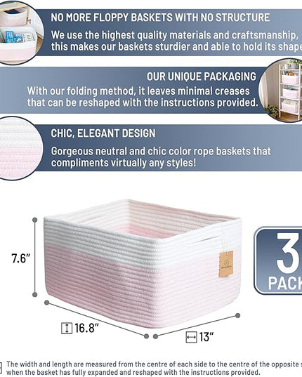 NaturalCozy Storage Baskets 16.8”x13”x7.6” Cotton Rope Woven Baskets for Organizing 3-Pack | Toy Storage Bins | Basket for Shelves, Laundry, Blanket, Clothes, Closet, Kitchen, Bathroom, Gifts