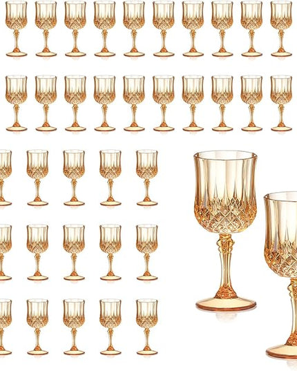 XUWAIDSGN 48 Pcs 7oz Plastic Vintage Wine Glasses Drinking Glasses Unbreakable Wedding Glassware Crystal Water Goblets Reusable Drinkware Vintage Champagne Flutes (48, Amber)