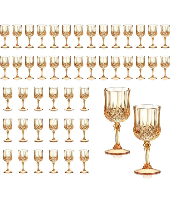XUWAIDSGN 48 Pcs 7oz Plastic Vintage Wine Glasses Drinking Glasses Unbreakable Wedding Glassware Crystal Water Goblets Reusable Drinkware Vintage Champagne Flutes (48, Amber)