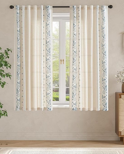 jinchan Winslow Linen Curtains for Bedroom 72 Inches Length Embroidered Bordered Floral Curtains for Living Room Farmhouse Decor Light Filtering Window Treatments Blue on Beige Drapes 2 Panels