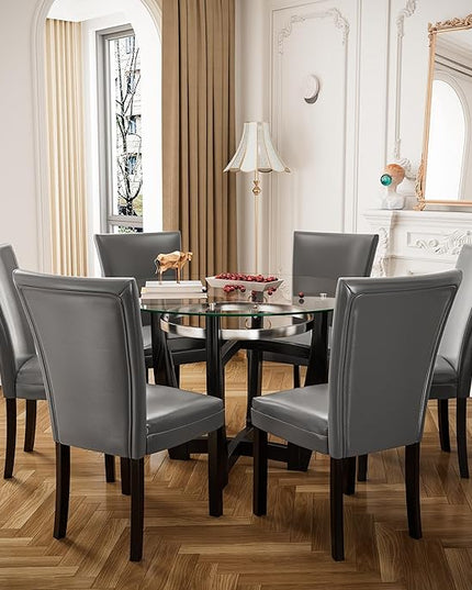 PADMA HOUSE Round Glass Dining Table Set for 6, 45in Modern Kitchen Small Wood Dinner Table with 6 Parsons Leather Dining Chairs 7 Piece Dining Room Table Chair Set, Clear&Grey