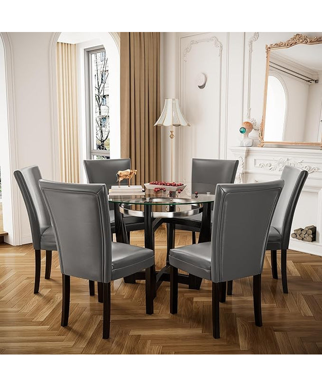 PADMA HOUSE Round Glass Dining Table Set for 6, 45in Modern Kitchen Small Wood Dinner Table with 6 Parsons Leather Dining Chairs 7 Piece Dining Room Table Chair Set, Clear&Grey