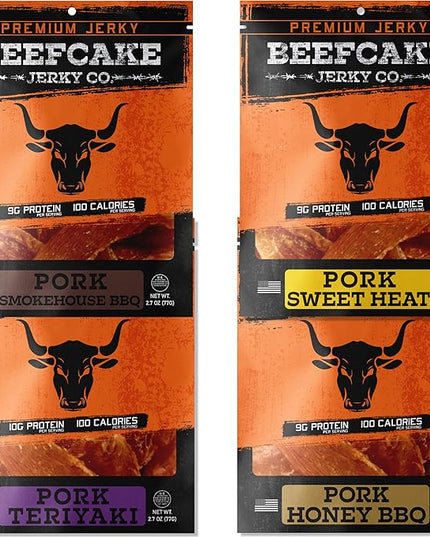 BEEFCAKE Jerky Pork Lover Variety Pack, Includes Beef Jerky Sweet Heat, Teriyaki, Honey BBQ & Smokehouse, 9 Gram of Protein & 100 Calories 2.7 Oz | Pack of 4