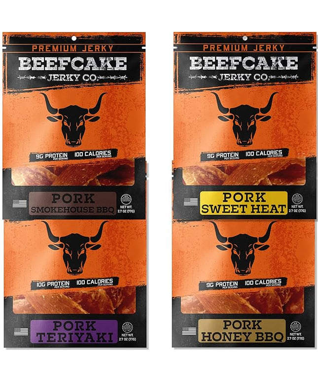 BEEFCAKE Jerky Pork Lover Variety Pack, Includes Beef Jerky Sweet Heat, Teriyaki, Honey BBQ & Smokehouse, 9 Gram of Protein & 100 Calories 2.7 Oz | Pack of 4