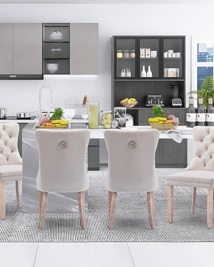 SoarFlash Velvet Dining Chairs Set of 2, Tall Back Side Chair, Modern Upholstered High-end Tufted Side Chair with Button Back Ring, Solid Wood Legs (Beige)