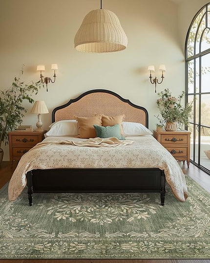 jinchan Green Floral 8x10 Area Rugs for Living Room - Machine Washable Vintage Distressed Design Soft Throw Rug Non-Slip Large Christmas Carpet for Bedroom Nursery Home Office (8x10ft, Dark Green)