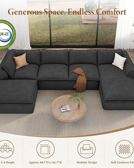 Vesgantti 141.7" U Shaped Boneless Sectional Couch, Modern 6 Seater Modular Sofa with Chaise & Ottoman, Deep Seat Convertible Corduroy Cloud Couches for Living Room, No Assembly Required, Black