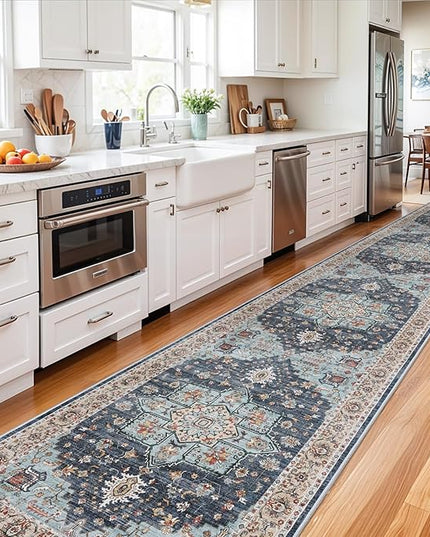 Washable Oriental Hallway Runner Rug - 3x16 Rugs for Living Room Soft Carpet for Bedroom Kitchen Waterproof Floral Distressed Indoor Stain Resistant Non-Shedding Floor Carpets (Blue/Teal/Orange, 3X16)