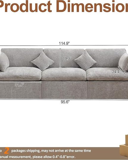 115''Cloud Boneless Sectional Couch, Modular Sectional Sofa Deep Seat, Oversized Upholstered Convertible Comfy 3 Seater Chenille Memory Foam Sofa Couches for Living Room, Light Grey
