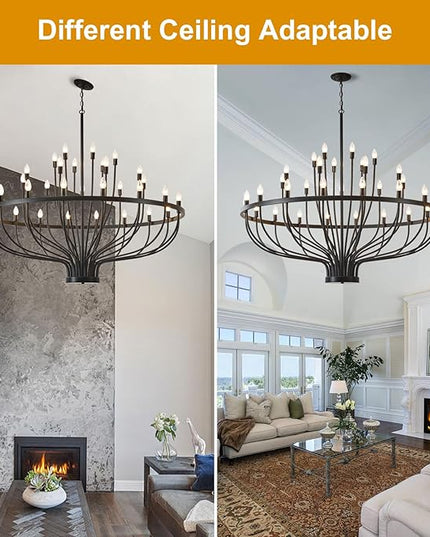 48 Inch Black Chandeliers for Dining Room 33 Light Black Dining Room Light Fixture, Large Industrial Farmhouse Chandelier Rustic Candle Chandeliers for Hallway, Entryway,Office,Bar