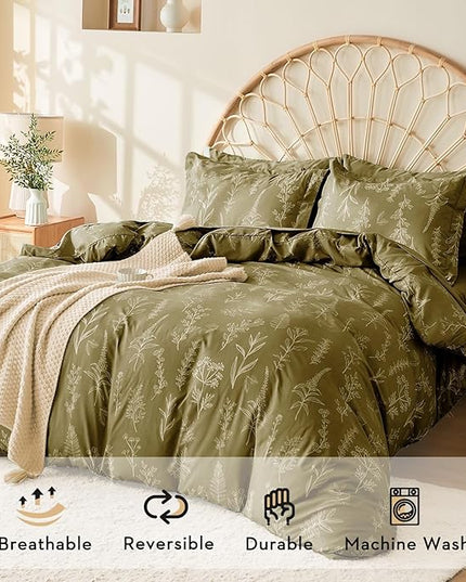 MUXHOMO Olive Green Bed in a Bag Queen 7 Pieces, Queen Comforter Set Reversible Botanical Flowers Design, Ultra Soft & Breathable Bedding Sets with Comforter, Sheets, Pillowcases & Shams