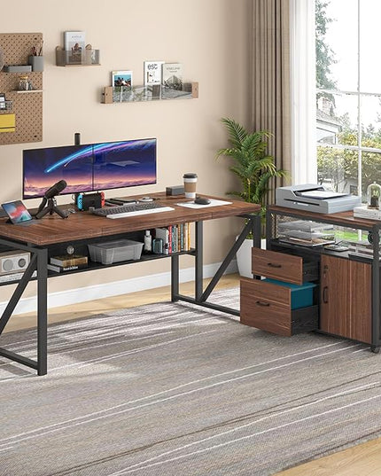Tribesigns Office Desk with Drawers Sets, 63 inches L Shaped Computer Desk with Mobile File Cabinet,Big Executive Desk for Home Office Furniture Sets (Dark Brown, 63-inch)
