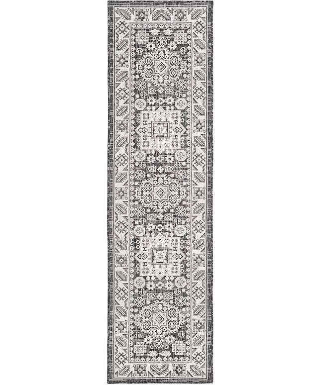 Rugs.com Outdoor Aztec Collection Rug – 8 Ft Runner Charcoal Gray Flatweave Rug Perfect for Hallways, Entryways