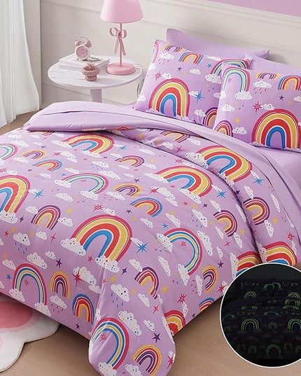 Twin Comforter Set for Girls-5 Pieces Purple Rainbow Glow in The Dark Twin Bedding Sets for Kids, Ultra Soft Bed in A Bag with Sheets