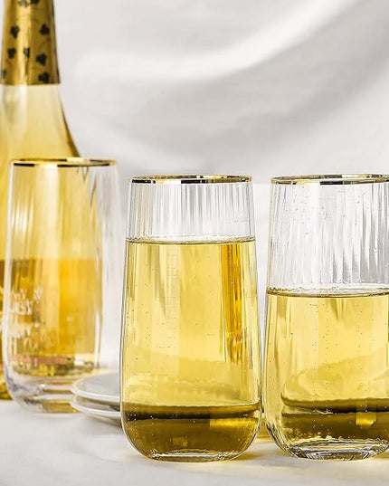 Lysenn Stemless Wine Glasses Set of 4 - Premium Hand Blown Drinking Glasses for Bubbly Wine & Champagne - Elegant Vertical Stripe and Gold Rim Champagne Flutes – Clear 17oz