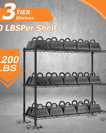 Storage Shelves Heavy Duty, 48" W x 20" D x 47" H Garage Wire Shelving Unit Loads 1200LBS, 3-Tier Adjustable Metal Industrial Utility Shelf Rack for Kitchen, Laundry Room, Pantry, Warehouse, Basement