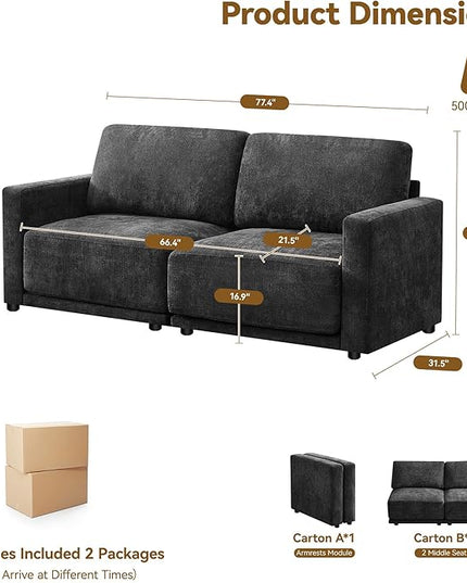 77.4" Chenille Modular Loveseat Oversized Upholstered 2 Seater Sectional Sofa with Thickened Cushions, Easy Assembly, Modern Comfy Love Seat Couch for Living Room, Black