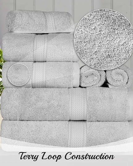 Superior Egyptian Cotton Pile 8 Piece Towel Set, Includes 2 Bath, 2 Hand, 4 Face Towels/Washcloths, Ultra Soft Luxury Towels, Thick Plush Essentials, Guest Bath, Spa, Hotel Bathroom, Silver