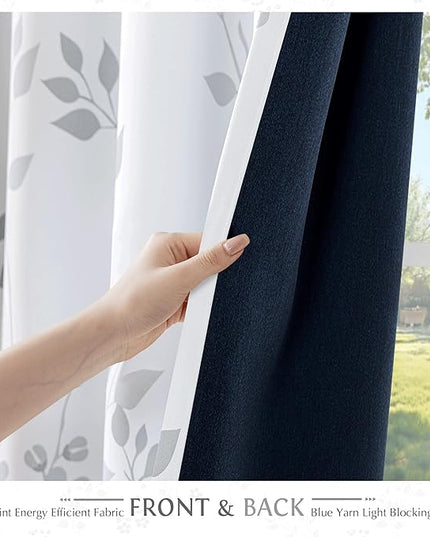 Beauoop Floral 100% Blackout Curtains 84 Inches Long 2 Panels for Bedroom Living Room Grey White Flower Patterned Room Darkening Thermal Insulated Soundproof Grommet Window Treatments Drapes, 52X84