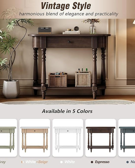 HMFULE Retro Curved Console Table, 36" Solid Wood Half Moon Console Table Sofa Table Entryway Table with 1 Drawer 1 Open Shelf Roman Legs Curved Corners for Living Room,Entryway,Hallway,Espresso