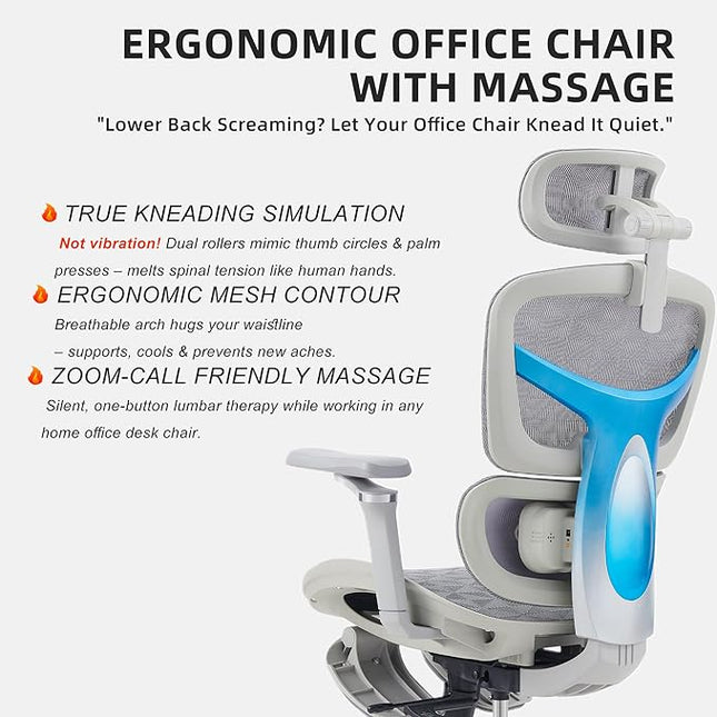 Ergonomic Home Office Desk Chair with Massage Lumbar Support，4D Headrest & 5D Armrests, Reclining Big and Tall 400LBS Mesh Chair with Footrest，Adjustable Back High and Seat Depth(Gray)