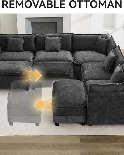 137'' V Shaped Cloud Sectional Sofa, Oversized Deep Seat Couches for Living Room, Chenille Comfy Upholstered Modular Sectional Sofa Couch with 2 Movable Ottoman, Dark Grey
