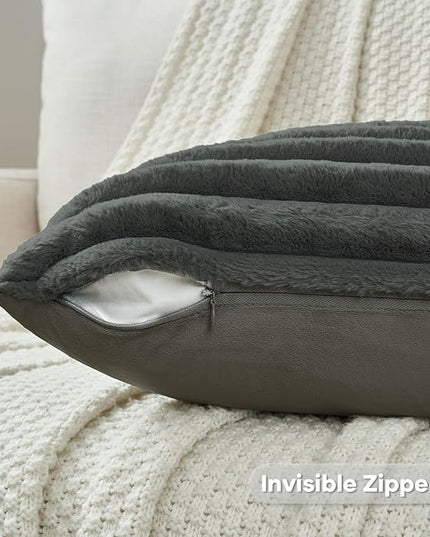 FUTEI Dark Grey Throw Pillow Covers Set of 2, 28x28 Inch Striped Texture Euro Pillow Shams with Soft Faux Rabbit Fur Front & Velvet Back, Modern Decorative Couch Pillows for Living Room