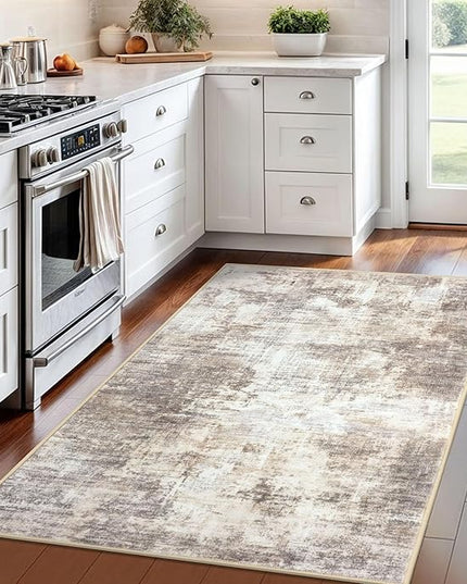 IOHOUZE Abstract Area Rug 4x6 Ft Washable Rugs for Entryway Indoor, Non Slip Small Living Room Rugs Printed Faux Wool Throw Rug, Floor Carpet for Kitchen Nursery Playroom, Beige Brown