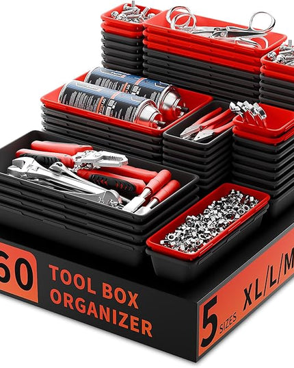 Tool Box Organizer Tray, Toolbox Desk Drawer Organizer, Tool Box Tray, Toolbox Organization Storage for Rolling Tool Chest (60PCS (Black+Red))
