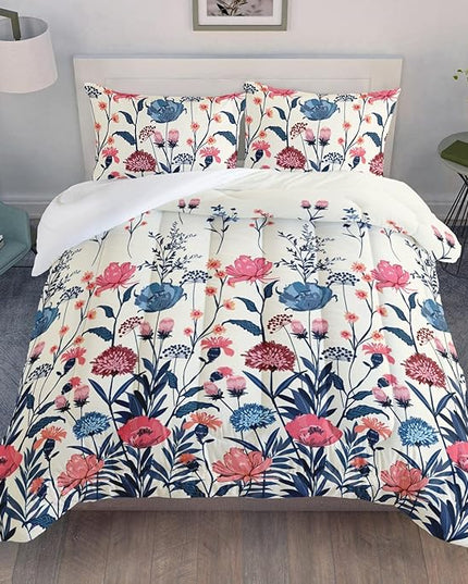 AILONEN Retro Flowers Comforter Set Queen Size, Watercolor Pink Blue Flowers Pattern Bedding Set,Spring Colorful Plants Theme Quilt Set Bedroom Decor 3Pcs(1 Comforter + 2 Pillowcases)