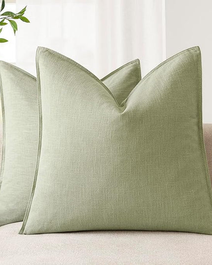 Foindtower Pack of 2, Decorative Linen Solid Throw Pillow Covers Soft Accent Cushion Case Boho Farmhouse Pillowcase for Chair Couch Sofa Bedroom Living Room Home Decor 20 x 20 Inch Light Sage Green