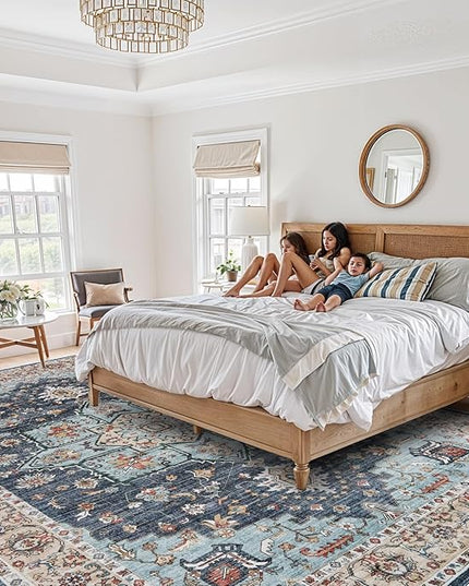 Washable Oriental Area Rug - 10x12 Rugs for Living Room Soft Carpet for Bedroom Waterproof Floral Distressed Indoor Stain Resistant Non-Shedding Floor Carpets (Blue/Teal/Orange, 10x12)