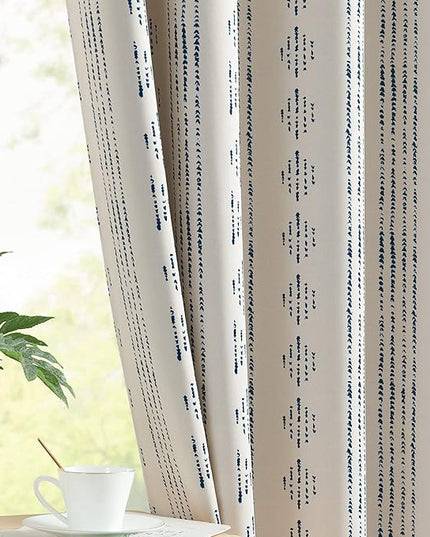 jinchan 95% Blackout Boho Curtains 54 Inch Length for Bedroom Blue on Beige Geometric Printed Grommet Top Room Darkening Thermal Insulated Window Drapes 2 Panels