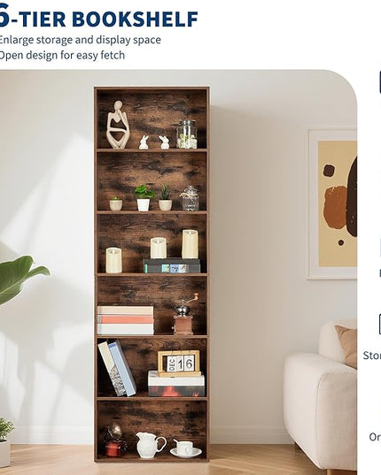 6 Tier Open Bookcase, Rustic Farmhouse Book Shelves, Spacious 6-Tier Organization for Storage, Organize Office, Durable & Resilient Build, Easy Assembly, Rustic Brown