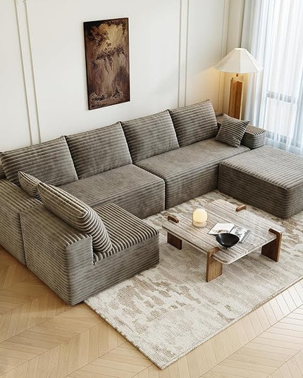 139.4" Modular Sectional Sofa, U-Shaped Minimalist Couches with Ottoman and Middle Seat, Modern Deep Seat Convertible Sleeper Sofa Bed, Reversible Chaise, Cloud Plush Corduroy Fabric,6 Seater, Camel