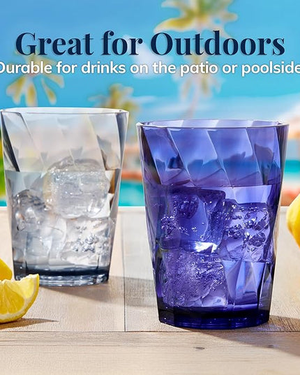 US Acrylic Optix Plastic Reusable Drinking Glasses (Set of 8) 14oz Rocks Cups in Coastal Colors | BPA-Free Tumblers, Made in USA | Top-Rack Dishwasher Safe
