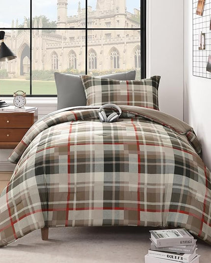 MaiRêve Twin XL Comforter Set, Plaid Design Comforter Set 5 Pieces,Twin XL Comforter for Dorm Farmhouse All Season Lightweight &Comfy with Fitted Sheet, Flat Sheet (Khaki, 66"x90")