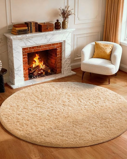 Ophanie Round Rug 4Ft Beige Circle Area Rug, Fluffy Fuzzy Small Bedroom Carpet, Plush Soft Shaggy Floor Living Room Circular Christmas Decor for Kids Boys Girls Home Aesthetic, Nursery, Classroom