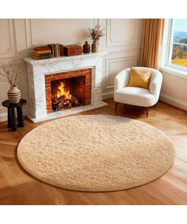 Ophanie Round Rug 4Ft Beige Circle Area Rug, Fluffy Fuzzy Small Bedroom Carpet, Plush Soft Shaggy Floor Living Room Circular Christmas Decor for Kids Boys Girls Home Aesthetic, Nursery, Classroom