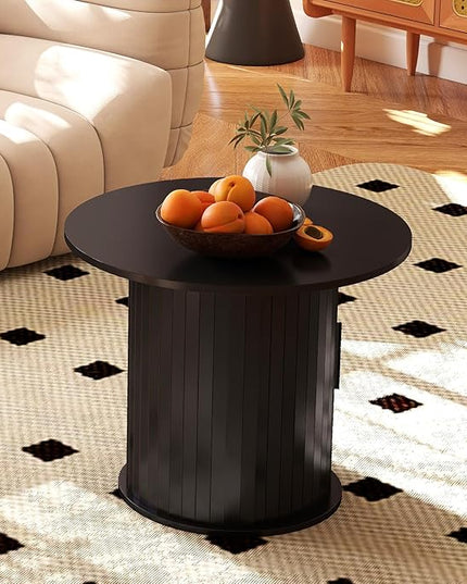 COSVALVE Round Wood Coffee Table 23.6IN with Hidden Storage & Sliding Door, Circle Farmhouse Side Table Sets for Living Room, Bedroom, Balcony, Small Spaces, Black