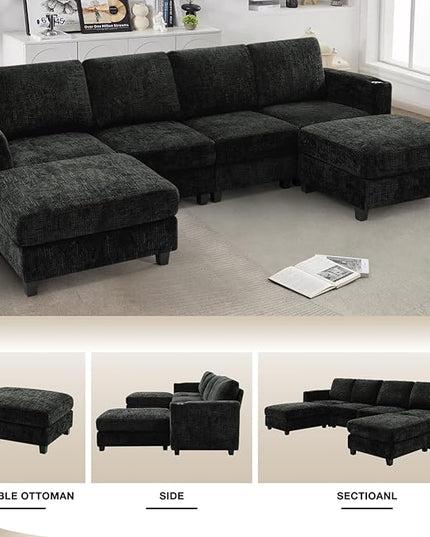 110" Chenille U-Shape Sofa with Flexible Ottomans, Comfy Sectional Sofa with 2 Built-in Cup Holders, Convertible 4 Seats Couch with Well-Filled Back Cushions for Living Room, House, Black