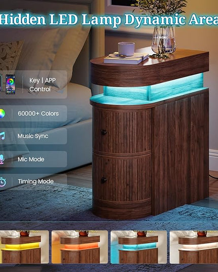Nightstand with LED Lights, Narrow Nightstand with 3 Drawers, Curved Edge Sliding Top Storage Space for Bedroom, Living Room