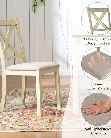 AMERLIFE 7-Piece Farmhouse Solid Wood Dining Table Set with 6 Upholstered Chairs, 60" Space Saving Dinner Table & Chairs Set, for Dining Room, Kitchen, Restaurant, Rustic Cream