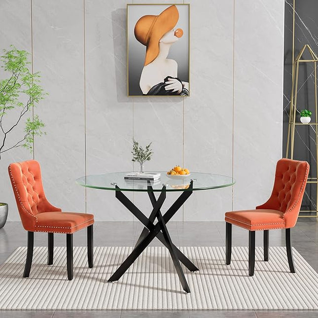 HomVent 3 Piece Round Glass Dining Table Set, Tempered Glass Dinner Table Set for 2 Kitchen Table Set with 2 Velvet Upholstered Chairs for Kitchen Dining Room