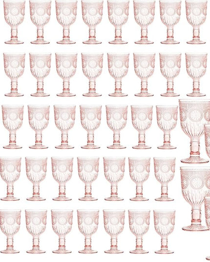 Pink 48 Pack Vintage Wine Glasses, Plastic Reusable 12 Ounce Colored Water Goblets, Unique Flower Embossed Pattern Unbreakable Stemmed Wine Glasses High Clear Wedding Party Bar Drinking Cups