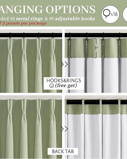Sage Green Pinch Pleated Curtains 84 Inches Long for Patio Sliding Glass Doors, Memory Trained Viral Blackout Two Layer Linen Boho Drapes Insulated Noise Blocking Windows Curtain 40W x 84L x 2 Panels